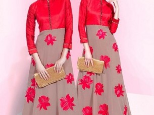 Beige and Red Colored Women Georgette Maxi Dresses..