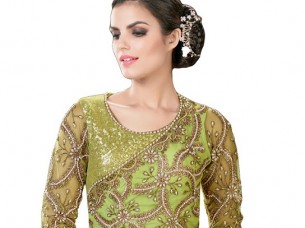 Women Olive Color SemiStiched Function Wear Designer Gown..