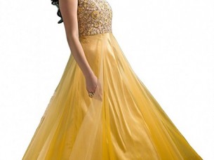 Fully Stitched Mustard Color Wedding Wear Net Gown..