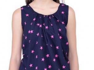 Navy Blue Fashion Ladies Pink Dot Printed Tops..