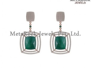 Pave Diamond Emerald Gemstone 14k Rose Gold Dangle Earring..