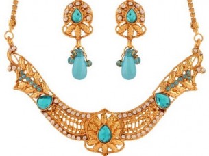 Blue Gold Plated Austrian Diamond Necklace Set with Blue P..