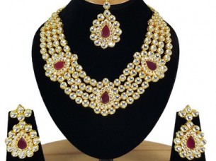Gold Plated Meena Kundan Necklace Set Earrings Tikka..
