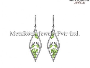 925 Sterling Silver Peridot Gemstone Pave Diamond Earrings..