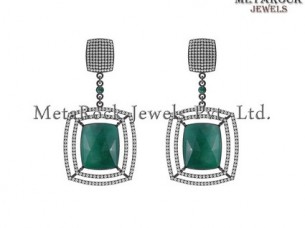925 Sterling Silver Emerald Gemstone Pave Diamond Earrings..