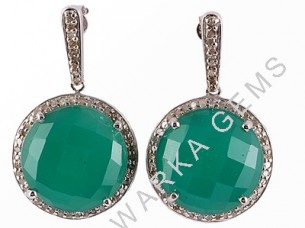 925 Sterling Silver Earrings in Green Onyx and Brown CZ fr..