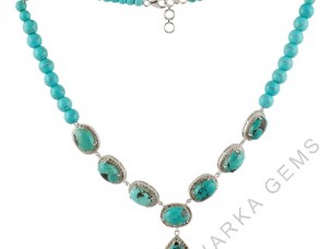 925 Sterling Silver Turquoise Necklace With White Topaz Ge..