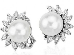 White Gold Unique White Round Pearl Earrings..