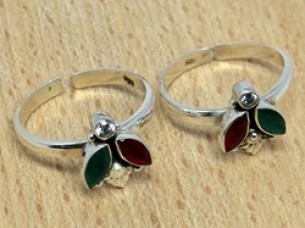 Unique Design Red Onyx Green Onyx White CZ 925 Sterling Silver Toe Ring