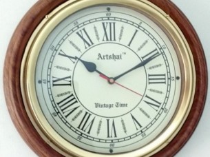 Artshai premium sheesham wooden wall clock with brass ring, 12 inch size