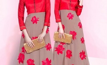 Beige and Red Colored Women Georgette Maxi Dresses