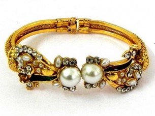 Multi Stone Pearl Studded Gold Plated Bangle