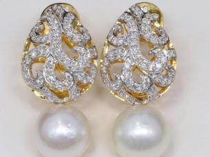 18k Real Diamond Pearl Drop Earrings