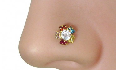 Charming Multicolor CZ Piercing Screw Nose stud 22g Solid Real 14k Yellow Gold