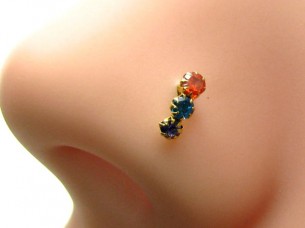 Cute 3 Stone Multicolor CZ Piercing Nose Stud nase Pin Solid 14k Yellow Gold