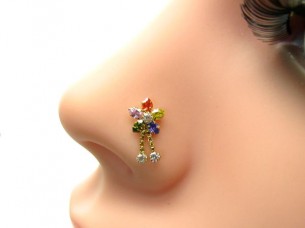 Graceful Multicolor CZ Piercing Nose Stud nase Pin Solid 14k Yellow Gold