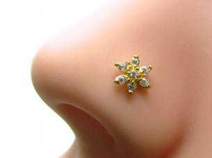 Graceful Solid Casting White CZ Piercing Nose stud 14k Yellow Gold Screw Back