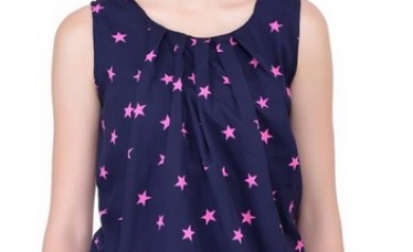 Navy Blue Fashion Ladies Pink Dot Printed Tops