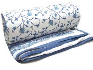 Floral Hand Block Print Blue Queen Size Cotton Quilt