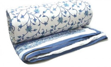 Floral Hand Block Print Blue Queen Size Cotton Quilt