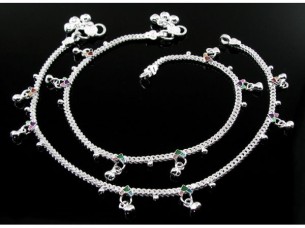Ethnic Indian Real Silver Jewlry Anklets Ankle (Pajeb) Bracelet Pair 10.7
