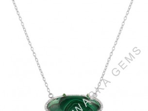 Malachite Green Stone with White CZ Pendant Necklace 925 Sterling Silver Jewelry