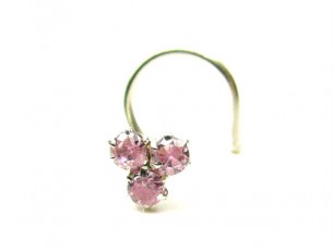 Traditional Indian Piercing Cork Screw Nose Stud Pink CZ 925 Sterling Silver