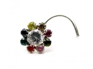 Indian Piercing Cork Screw Nose Stud Multicolor CZ Sterling Silver Nose Ring